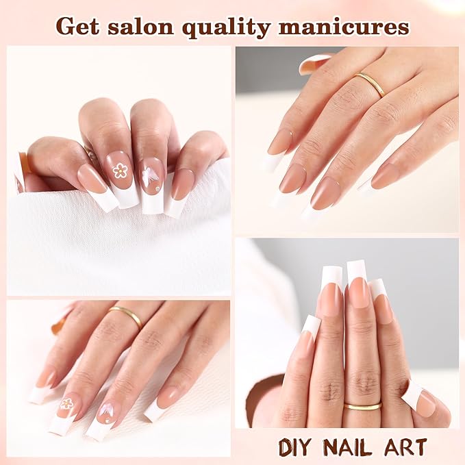 Long French Tip Press on Nails, 150pcs Soft Brown French Gel Nail Tips 15Sizes, Pre-lasting Soak Off Square Acrylic Fake Nails, No Need to File False Nail Tips Extension for Women Nail