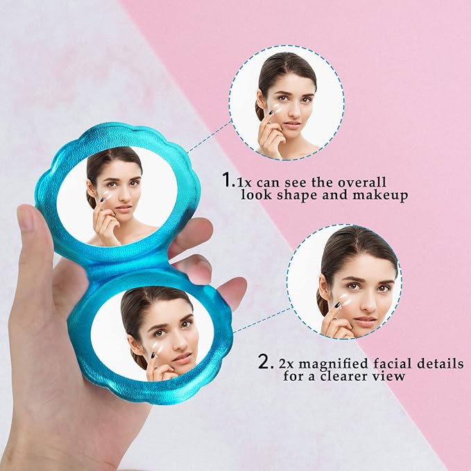 Compact Magnifying Mirror, 2 pcs Seashell Mirrrors with Gift Wrapping, Shell Mirrors Double-Sided Magnification Makeup Mirror for Women Girls (Blue Seashell, Pink Seashell)