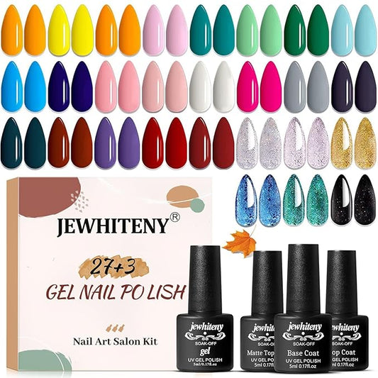 JEWHITENY 30PCS Nail Polish Kit 27 Colors Green Blue Pink Orange Gitter Sock Off Gel Polish with Matte& Glossy Top Base Coat for DIY Nail Art Manucure at Home Salon-FemmiqueWomen