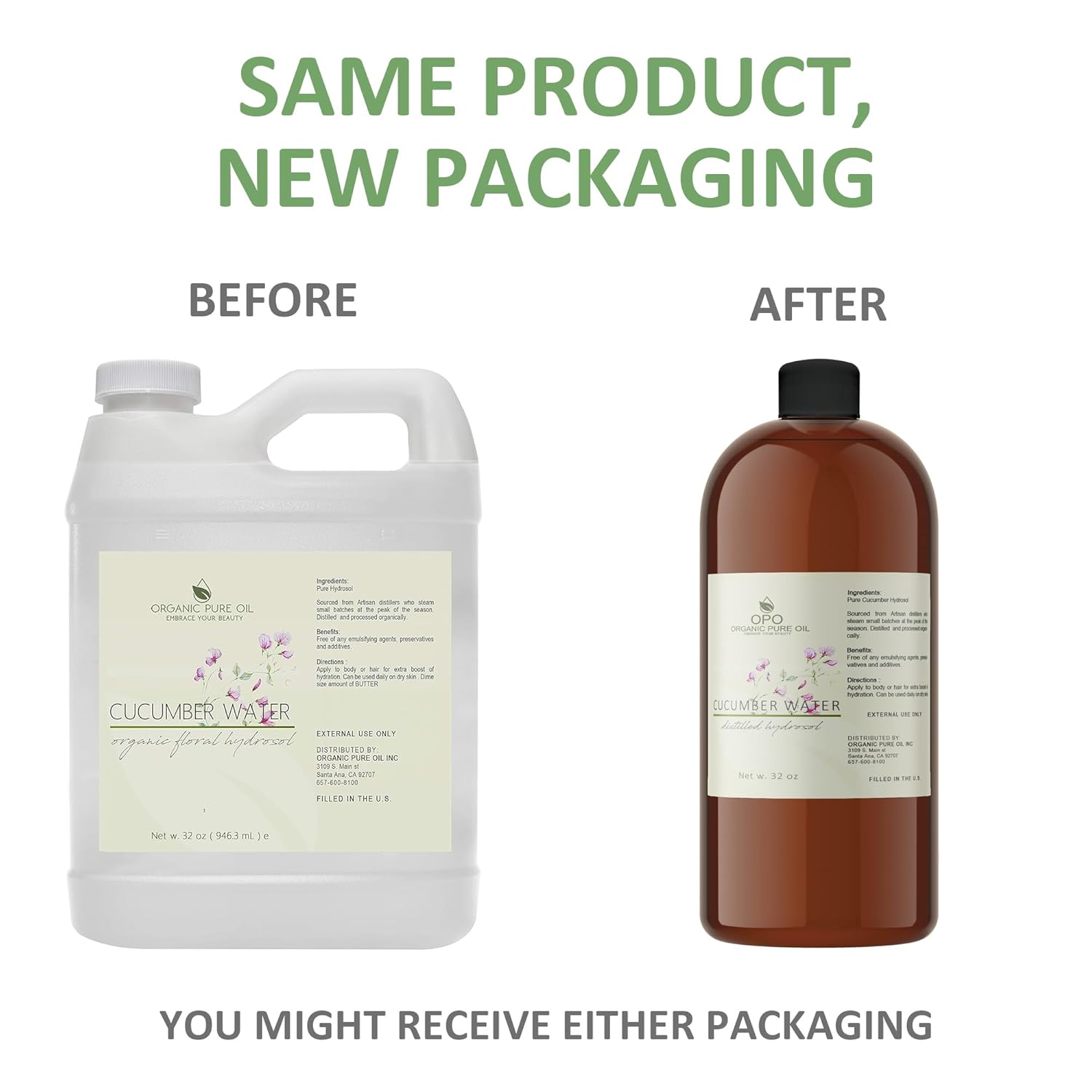 OPO Cucumber Hydrosol - Pure Steam Distilled Hydrating Floral Water Bulk Refill 32 oz - 1 Quart for Skin Hair Face, Greasy, Oily Skin Hair Locs Face Cleansing Toning Spray - Packaging May Vary-FemmiqueWomen
