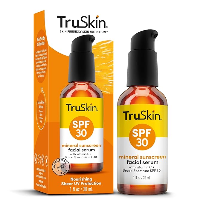 TruSkin Sunscreen Serum for Face – SPF 30 Universal Tinted Mineral Sunscreen Face Serum – Lightweight Transparent Finish – Zinc Oxide, Vitamin C, Hyaluronic Acid, Ceramides, All Skin Types, 1 fl oz-FemmiqueWomen