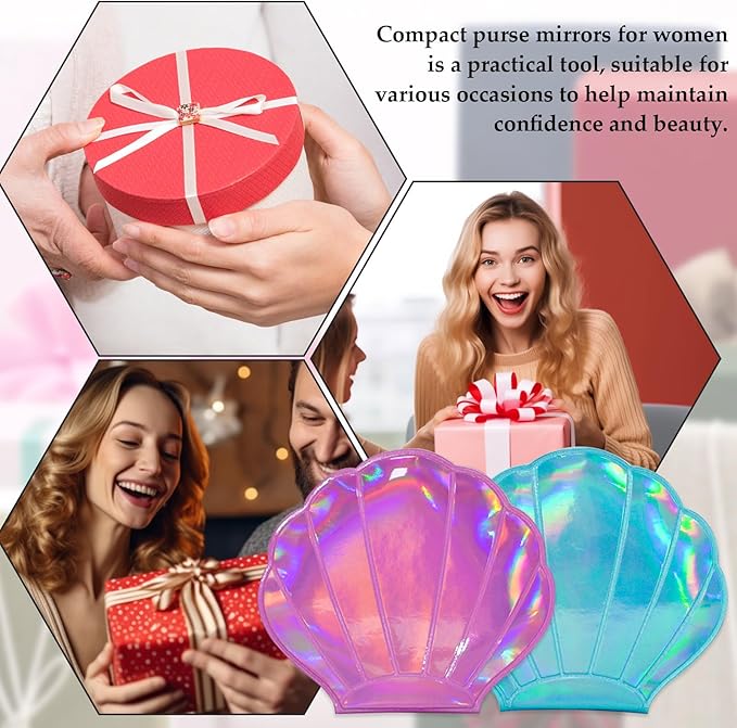 Compact Magnifying Mirror, 2 pcs Seashell Mirrrors with Gift Wrapping, Shell Mirrors Double-Sided Magnification Makeup Mirror for Women Girls (Blue Seashell, Pink Seashell)