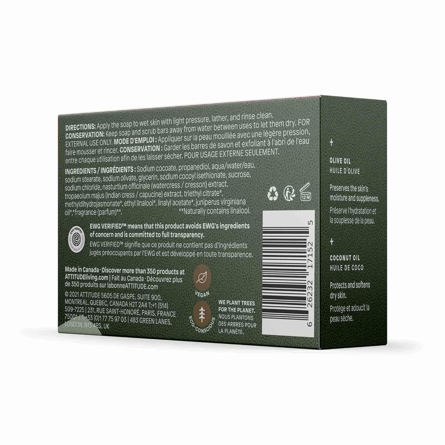 ATTITUDE Body Soap Bar, Natural Origin, Protects and Softens Dry Skin, Coconut & Olive Oils, For men and Women, EWG Verified & Vegan, Herbal Musk, 4 Oz-FemmiqueWomen