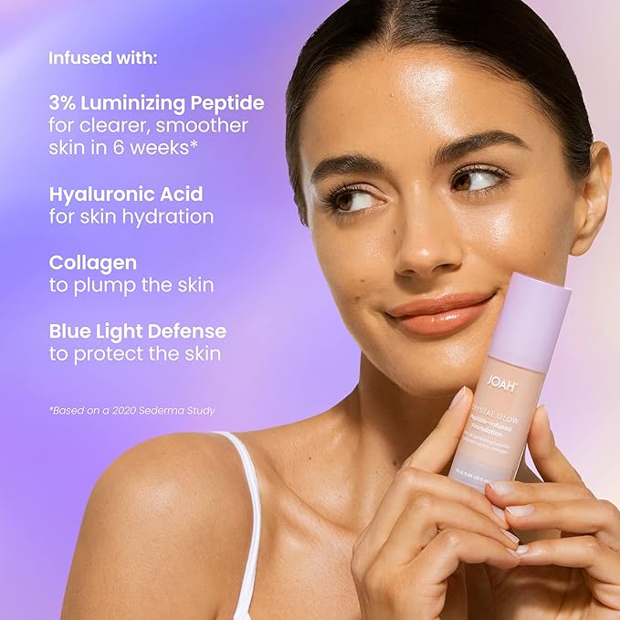 JOAH Crystal Glow Peptide-Infused Foundation, 2-in-1 Multitasking Korean Makeup with Blurring Face Primer, Luminizer, Hydration & Skin Defense for a Flawless Finish, 1.01 Oz, Light Medium Neutral-FemmiqueWomen
