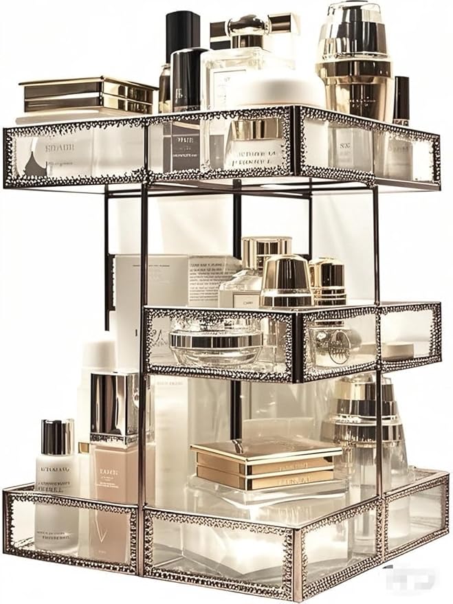 Vintage Glow Antique 360 Degree Rotating Makeup Organizer,4-Tier Spinning Perfume Tray,Countertop Cosmetic Storage,Glass Beauty Display,Retro Large Capacity Vanity Organizer for Brushes Skincare-FemmiqueWomen