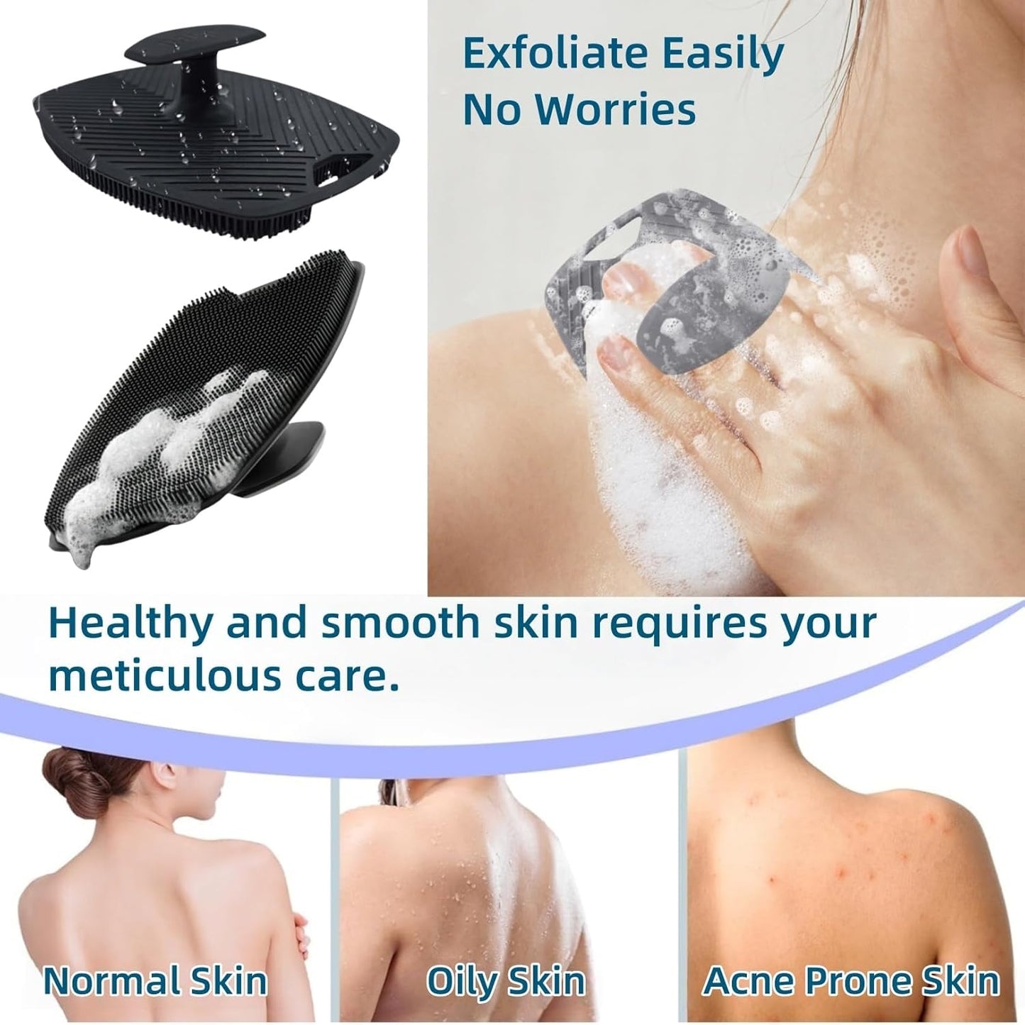 2 Pack Food-Grade Silicone Body Scrubber, Highly Elastic Bristles Handheld Brush for Shower, Lather Well and Gentle Exfoliating, Makes Skin Smooth, for Women and Men, Black and Gray-FemmiqueWomen