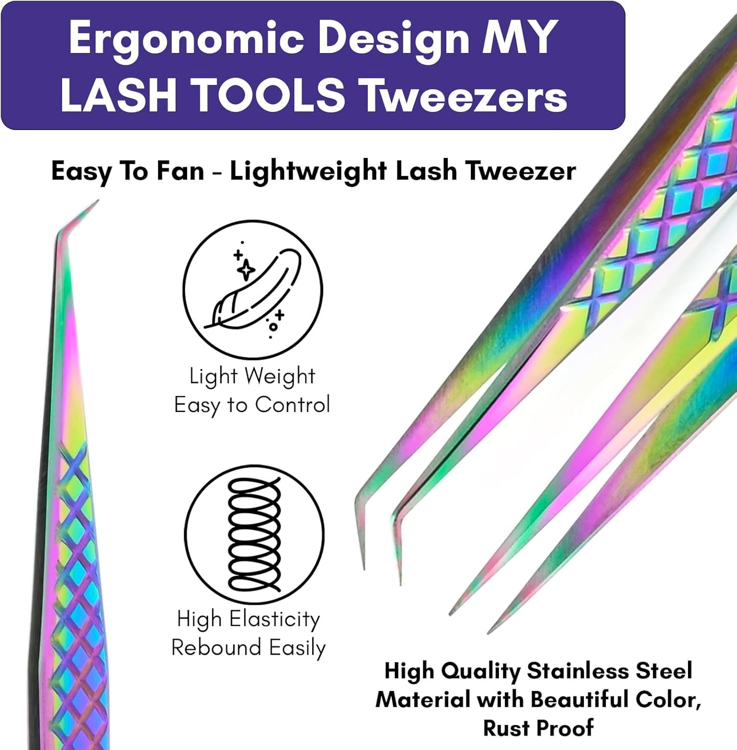 2pcs Curved & Straight Isolation Tweezers for Eyelash Extensions – 14cm Japanese Stainless Steel, Diamond Grip Non Slip Grip, Rainbow Set, Best for Classic & Individual Lashes-FemmiqueWomen