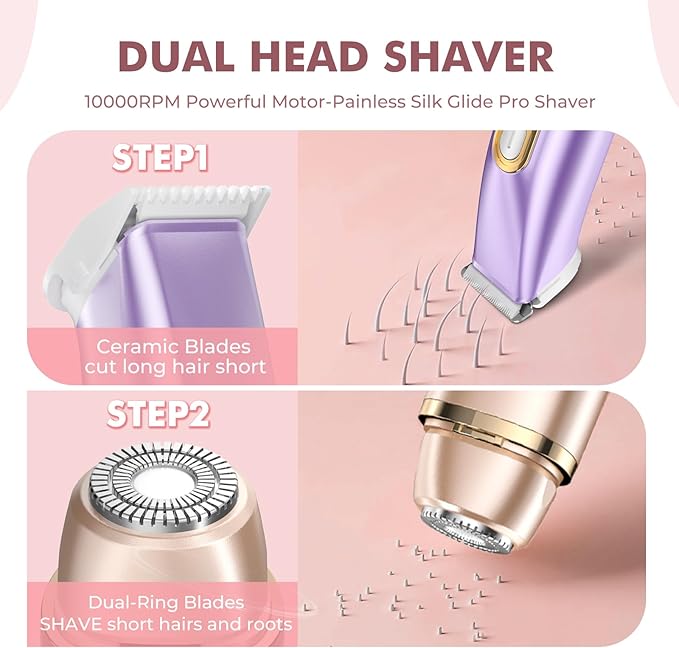 2 in 1 Bikini Trimmer for Women, Dual Head Electric Razor, IPX7 Waterproof Wet/Dry Use Women Electric Shaver, Painless Body Facial Hair Remover for Bikini Legs Arm Underarm, (Lavender)-FemmiqueWomen