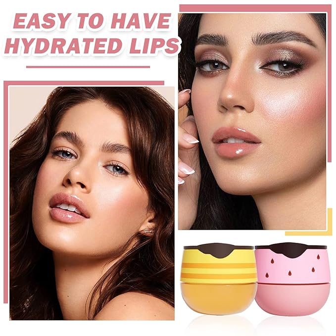 2PCS Bee Lip Balm Honey Pot,Honey Lip Balm With Honey Spoon,Honey Lip Mask Moisturizing Hydrating Prevents Dry and Chapped Lips,Lip Exfoliating Bee Lip Balm(Honey+Strawberry)-FemmiqueWomen