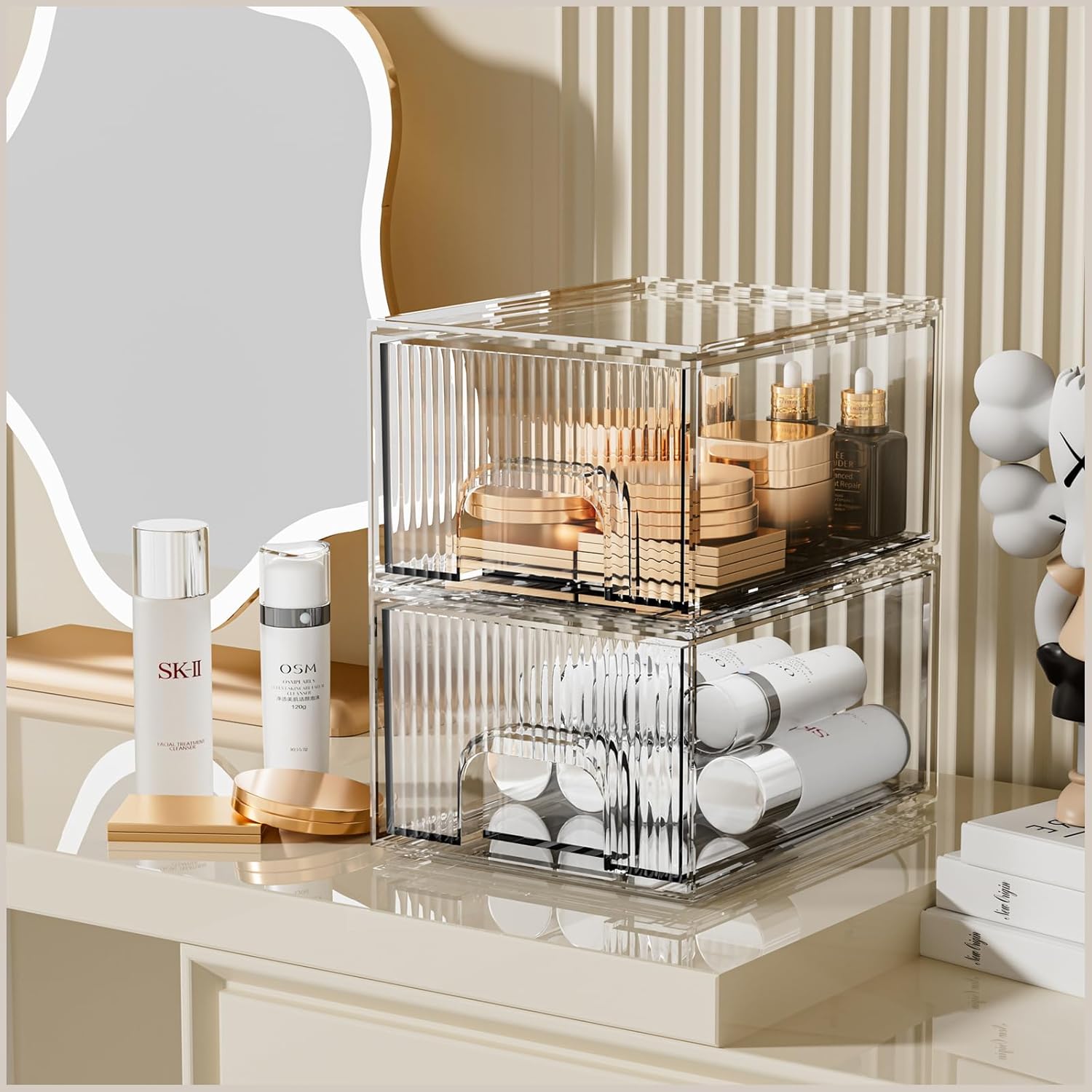 ZHIAI 2 Pack Clear Stackable Cosmetic Organizer, Acrylic Drawer, Plastic Organizer for Dresser, Vanity, Kitchen Cabinet, Pantry, Home Organization and Storage-FemmiqueWomen