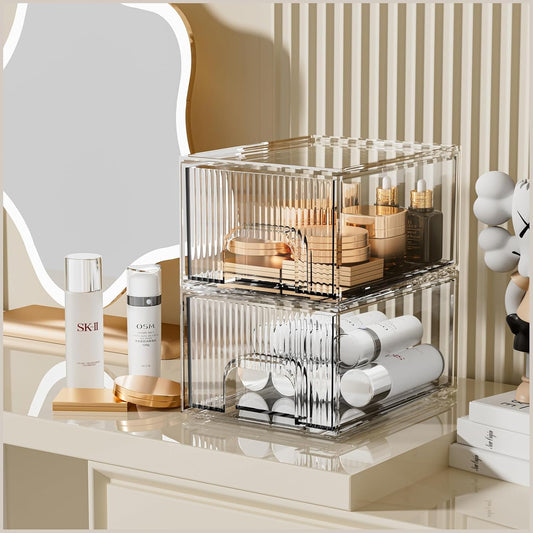 ZHIAI 2 Pack Clear Stackable Cosmetic Organizer, Acrylic Drawer, Plastic Organizer for Dresser, Vanity, Kitchen Cabinet, Pantry, Home Organization and Storage-FemmiqueWomen