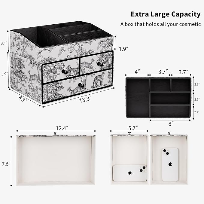GORESE Leather Makeup Organizer with 3 Drawers for Vanity, Stackable Skincare Holder Dresser Organizer Countertop, Make Up Storage Organizers Counter Cosmetic Display Case Gift for Women(Retro Black)-FemmiqueWomen