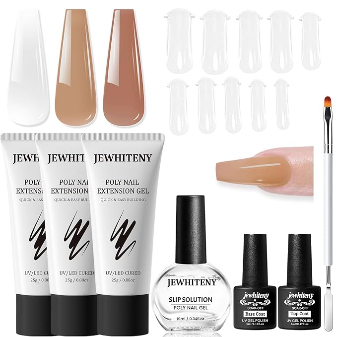 JEWHITENY Poly Nail Gel Set Clear Nude Brown Neutral Classic Color Base and Top Coat Slip Solution Poly Extension Gel With Acrylic Nail Builder Need U V Lamp Curing-FemmiqueWomen