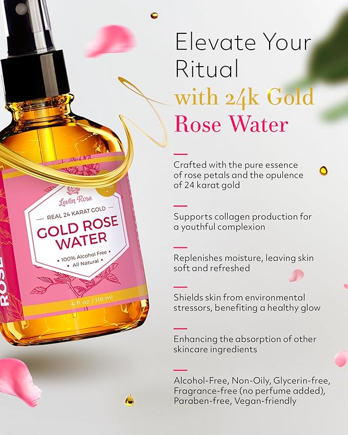 24 Karat Gold Rose Water Toner by Leven Rose Natural Moroccan 24K Rosewater Toner 4 oz-FemmiqueWomen