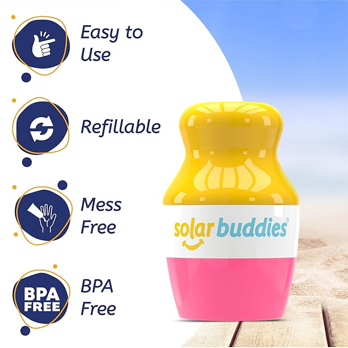 Solar Buddies Sunscreen Applicator - Single Pink - Refillable Roll on Sponge Sunscreen, Suncream & Lotion Applicator For Kids, Adults & Families - Holds 3.4fl oz, Perfect Size for Travel-FemmiqueWomen