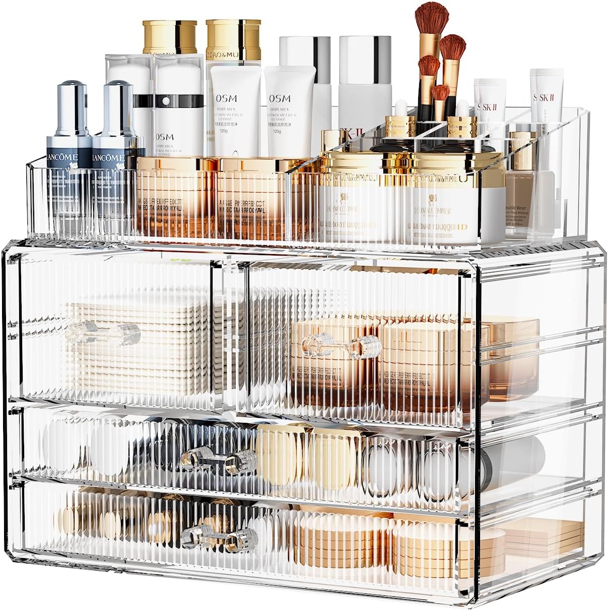 ZHIAI Stackable Storage Drawers, Acrylic Bathroom Counter Organizer Clear Makeup Organizers for Vanity, Kitchen Cabinets, Bathroom, Undersink, Home Organization and Storage (1 Top 4 Drawers D)-FemmiqueWomen