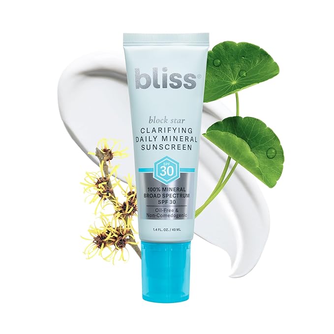 Bliss Block Star Clarifying Daily Mineral Sunscreen Broad Spectrum SPF 30, Blendable Pore Safe Formula for Blemish Prone Skin with Salicylic Acid and Witch Hazel, 1.4 Fl Oz-FemmiqueWomen