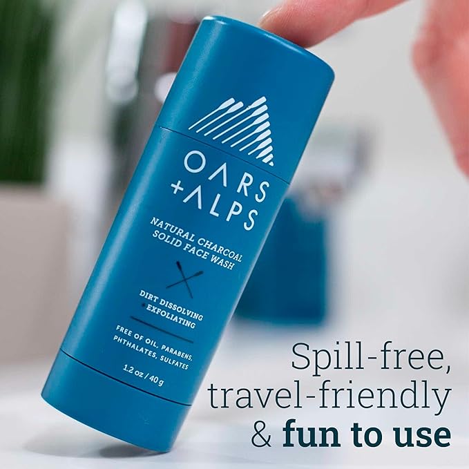 Oars + Alps Exfoliating Face Wash Stick, 2-in-1 Facial Cleanser & Exfoliant with Activated Charcoal, Alpine Moss, Dermatologist Tested, Spill Free, Travel Size, 1.2 Oz-FemmiqueWomen