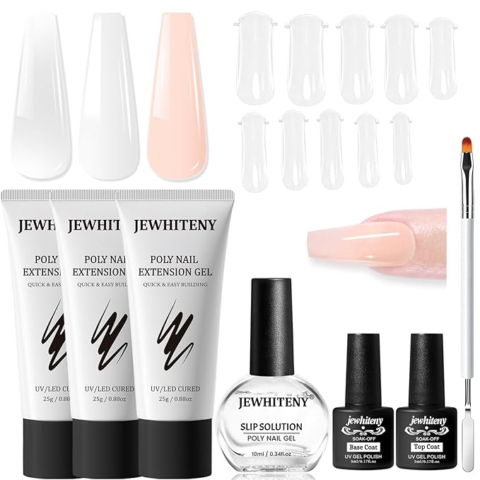 JEWHITENY Poly Extension Gel Nail Set Clear White Pink Poly Nail Gel With Slip Solution Base Coat Top Coat French Manicure for Finger Art and Home DIY Need U V Lamp Curing-FemmiqueWomen