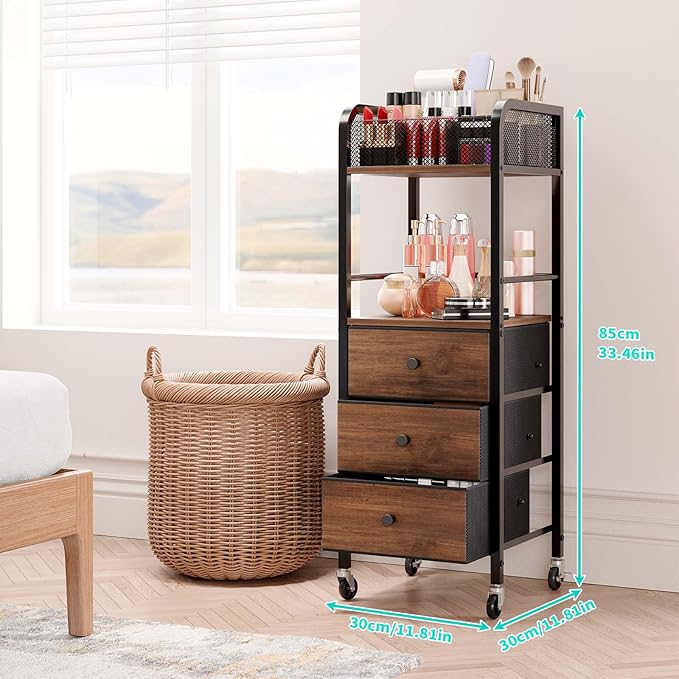 HapiRm Rolling Makeup Cart Organizer - Floor Skincare Make Up Storage with 3 Drawers, Vanity Organizer Cosmetic Display Cases Holder for Skin Care Perfume Nail Polish Brush Hair Tool-FemmiqueWomen