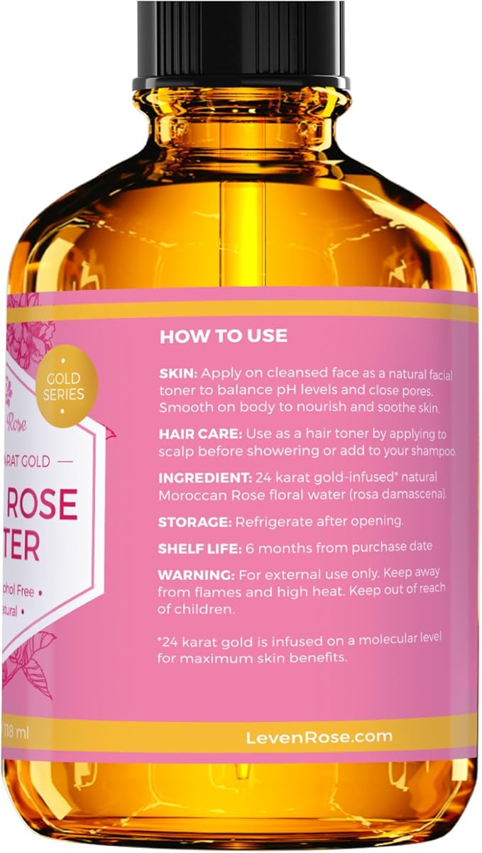 24 Karat Gold Rose Water Toner by Leven Rose Natural Moroccan 24K Rosewater Toner 4 oz-FemmiqueWomen