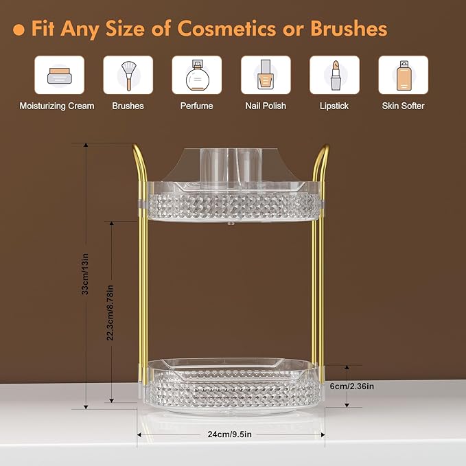 Awenia Rotating Makeup Organizer 360, Stackable Adjustable Large Capacity Cosmetic Storage Unit,Dresser Bathroom Kitchen Countertop Organizer with Metal Handle, Plus Size (Clear, 2 Tier)-FemmiqueWomen