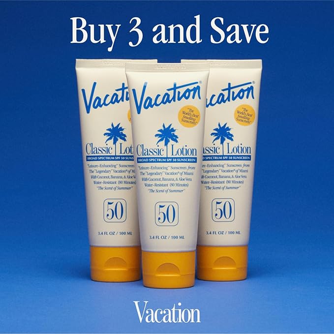 Vacation Classic Sunscreen Lotion SPF 50, Water-Resistant, Lightweight, Transparent on All Skin Tones, Dermatologist-Tested, Vegan, Travel Size, 3.4 Fl. Oz. (Value Pack of 3)-FemmiqueWomen