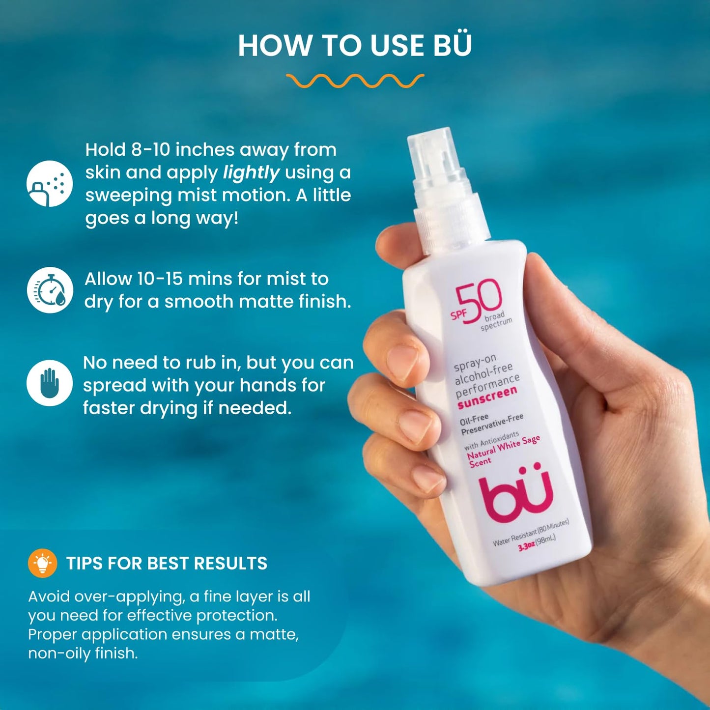 BU SPF 50 Sunscreen Spray for Face and Body, Non Aerosol Spray, TSA Travel Size Sunscreen, Clear, Non Greasy, Water Resistant, White Sage 3.3 oz-FemmiqueWomen