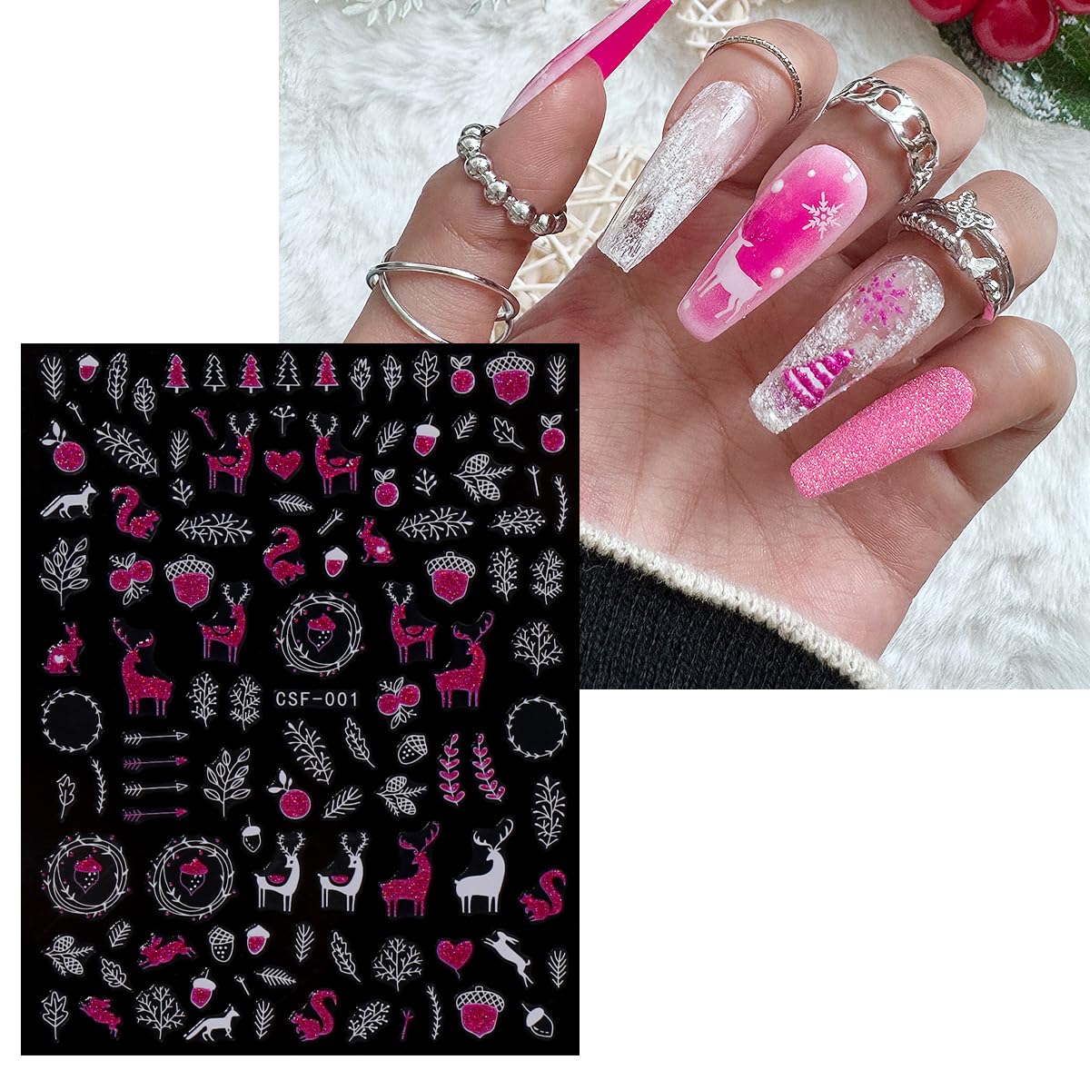 JMEOWIO 9 Sheets Christmas Pink Glitter Nail Art Stickers Decals Self-Adhesive Snowflake Winter Holiday Nail Supplies Nail Art Design Decoration Accessories-FemmiqueWomen