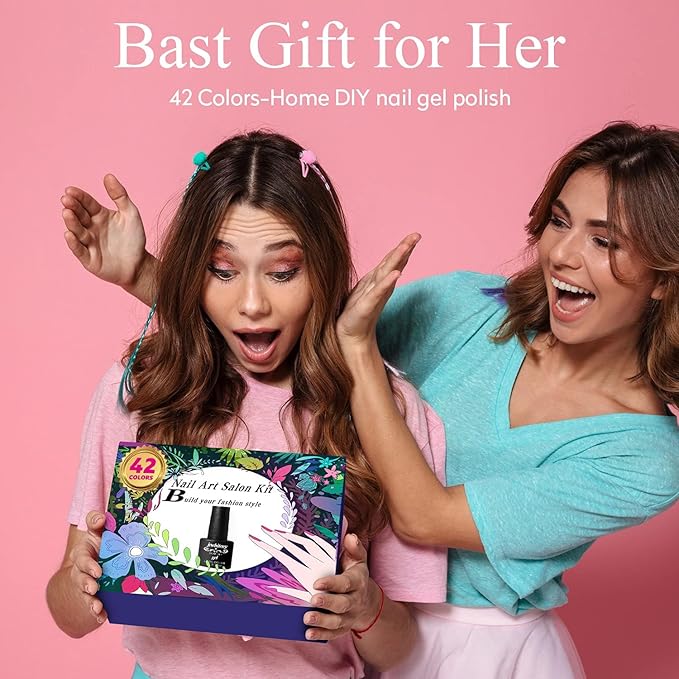 JEWHITENY 45PCS Gel Nail Polish Kit, 42 Colors 5ML Gel Polish Nude Gray Pink Blue Soak Off Glitter Nail Art Starter Kit Beauty Gifts Set for Women Girls Valentines Mother's Day Gift-FemmiqueWomen