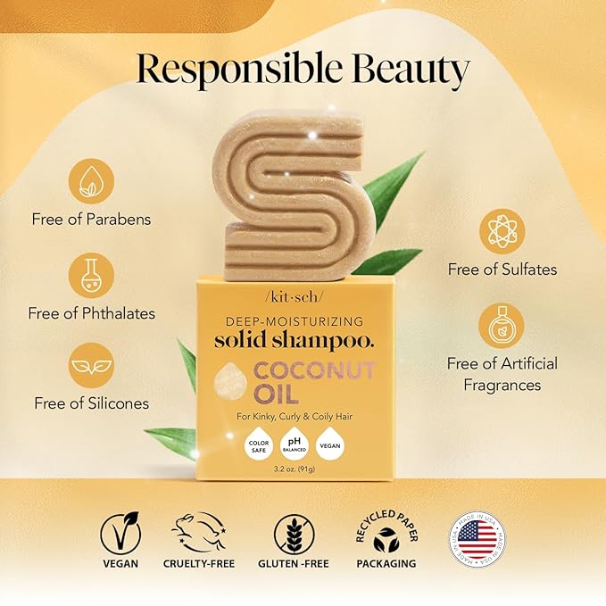 Kitsch Coconut Oil Shampoo Bar - Hydrate & Soften Dry Damaged Hair - Deep Moisturizing Curly Hair Shampoo - Safe Shampoo for Color Treated Hair - Silicone, Paraben & Sulfate Free - 3.2 oz-FemmiqueWomen