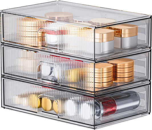 ZHIAI Stackable Storage Drawer, 3 Piece Acrylic Organiser for Cosmetics and Beauty Products, Suitable for Dressers, Bathrooms, Cabinets, Storage Rooms, Bedrooms and Home Organisers-FemmiqueWomen