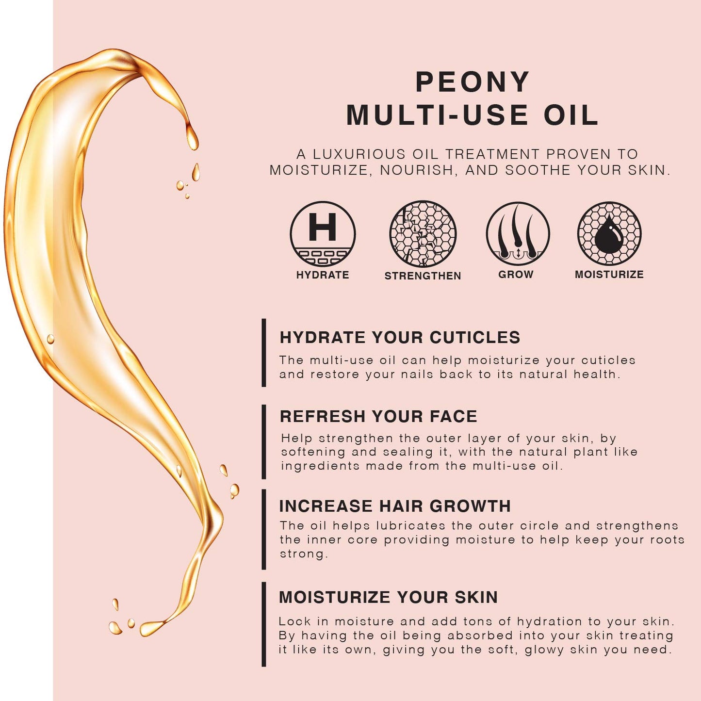 Peony Multi-Use Oil for Face, Body and Hair - Organic Blend of Apricot, Vitamin E Sweet Almond Oil for Dry Skin, Rose Petals & Bergamot Essential Oil - 4 Fl Oz-FemmiqueWomen