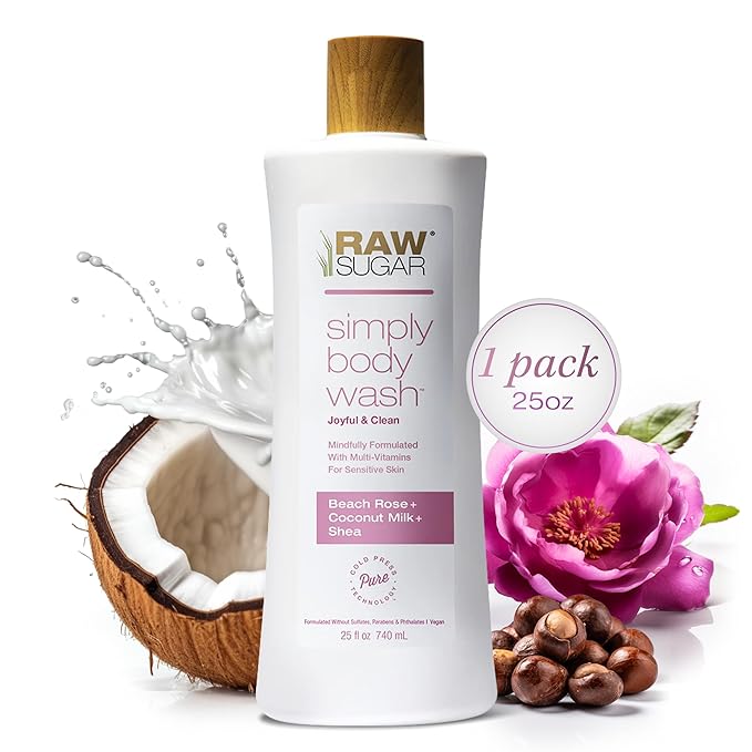 RAW SUGAR Simply Body Wash, Beach Rose + Coconut Milk + Shea (25 Fl Oz, Pack of 1) Sensitive Skin Bath Soap, Formulated without Sulfates & Parabens-FemmiqueWomen