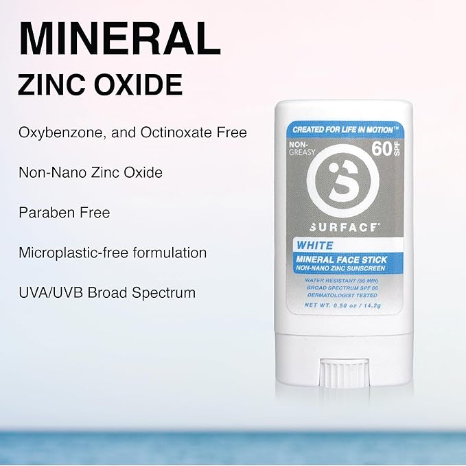 Surface Mineral Sunscreen Face Stick SPF 60, Lightweight Non-Nano Zinc Oxide Formula, Reef Friendly, Broad Spectrum UVA UVB Protection, Water Resistant Sun Care for 80 Minutes, Clear, 0.5oz-FemmiqueWomen