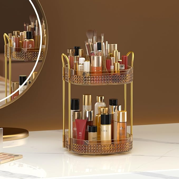 Awenia Rotating Makeup Organizer 360, Stackable Adjustable Large Capacity Cosmetic Storage Unit,Dresser Bathroom Kitchen Countertop Organizer with Metal Handle, Plus Size (Honorable Gold, 2 Tier)-FemmiqueWomen