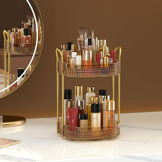 Awenia Rotating Makeup Organizer 360, Stackable Adjustable Large Capacity Cosmetic Storage Unit,Dresser Bathroom Kitchen Countertop Organizer with Metal Handle, Plus Size (Honorable Gold, 2 Tier)-FemmiqueWomen