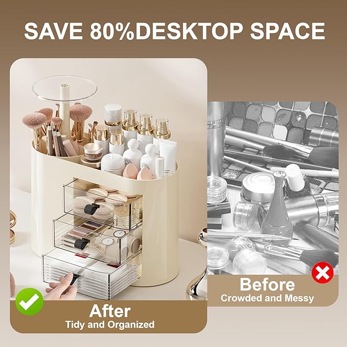 DASITON Makeup Organizer with 3 Drawers,Automatic Lifting Makeup Brush Holder with Lid,Large Capacity Makeup Organizers for Vanity,Bathroom Countertop,Ideal Storage Skin Care,Brushes,Lipstick (Cream)-FemmiqueWomen
