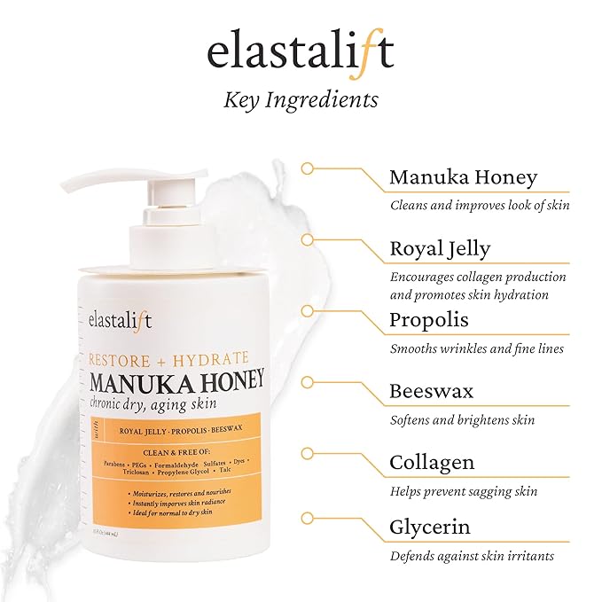 Elastalift Manuka Honey Cream Face Moisturizer & Body Butter Lotion For Dry Skin | Firming & Hydrating Miracle Balm Skin Care Moisturizing Lotion For Women, Wrinkles, & Sun Damaged Skin, 15 Fl Oz-FemmiqueWomen