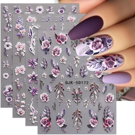 JMEOWIO 3D Embossed Flower Nail Art Stickers Decals Self-Adhesive 5D Spring Summer Floral Nail Supplies Nail Art Design Decoration Accessories 4 Sheets-FemmiqueWomen
