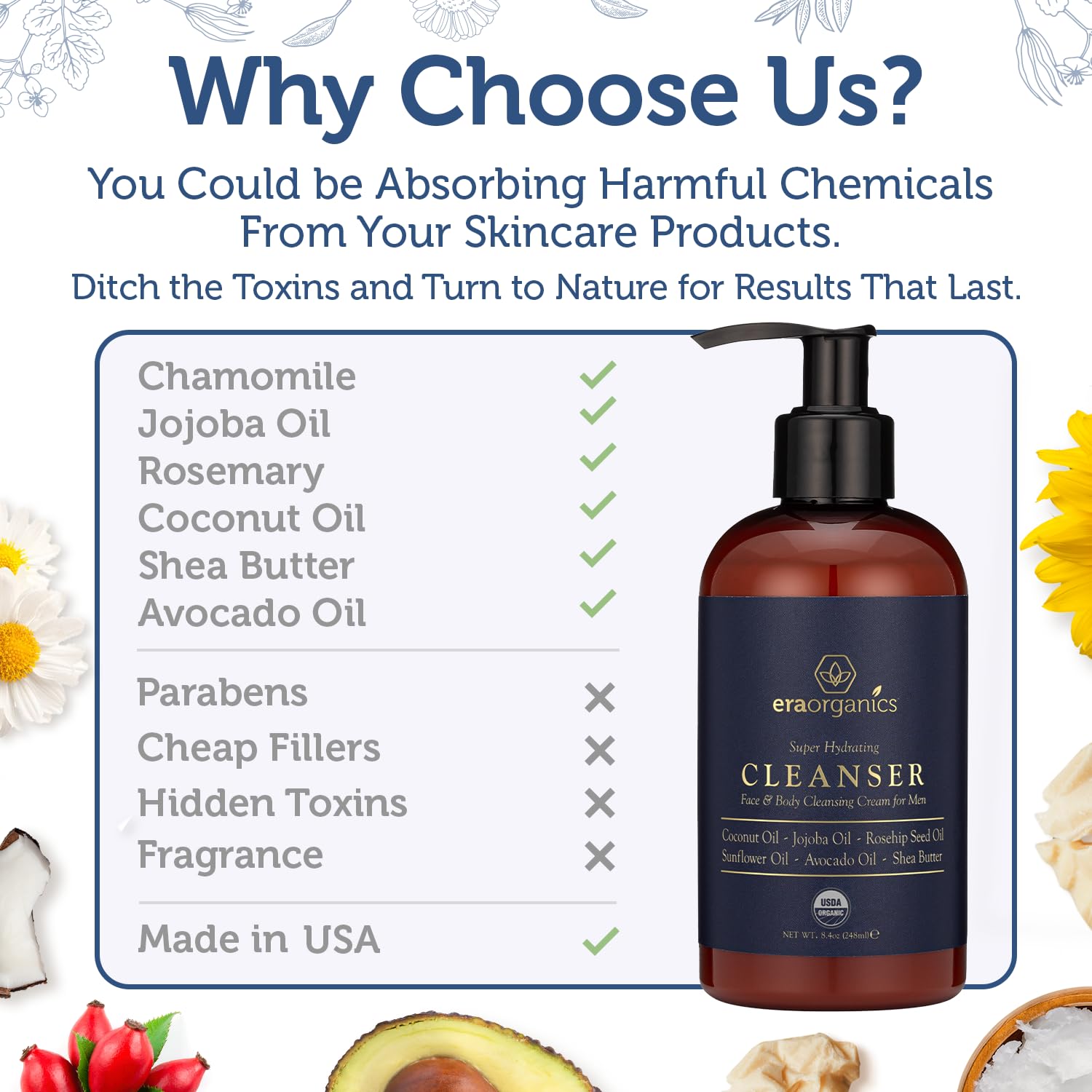 Era Organics USDA Organic Men's Face Wash - Nourishing, Hydrating Facial, Body Cleanser for Smoother Skin-FemmiqueWomen