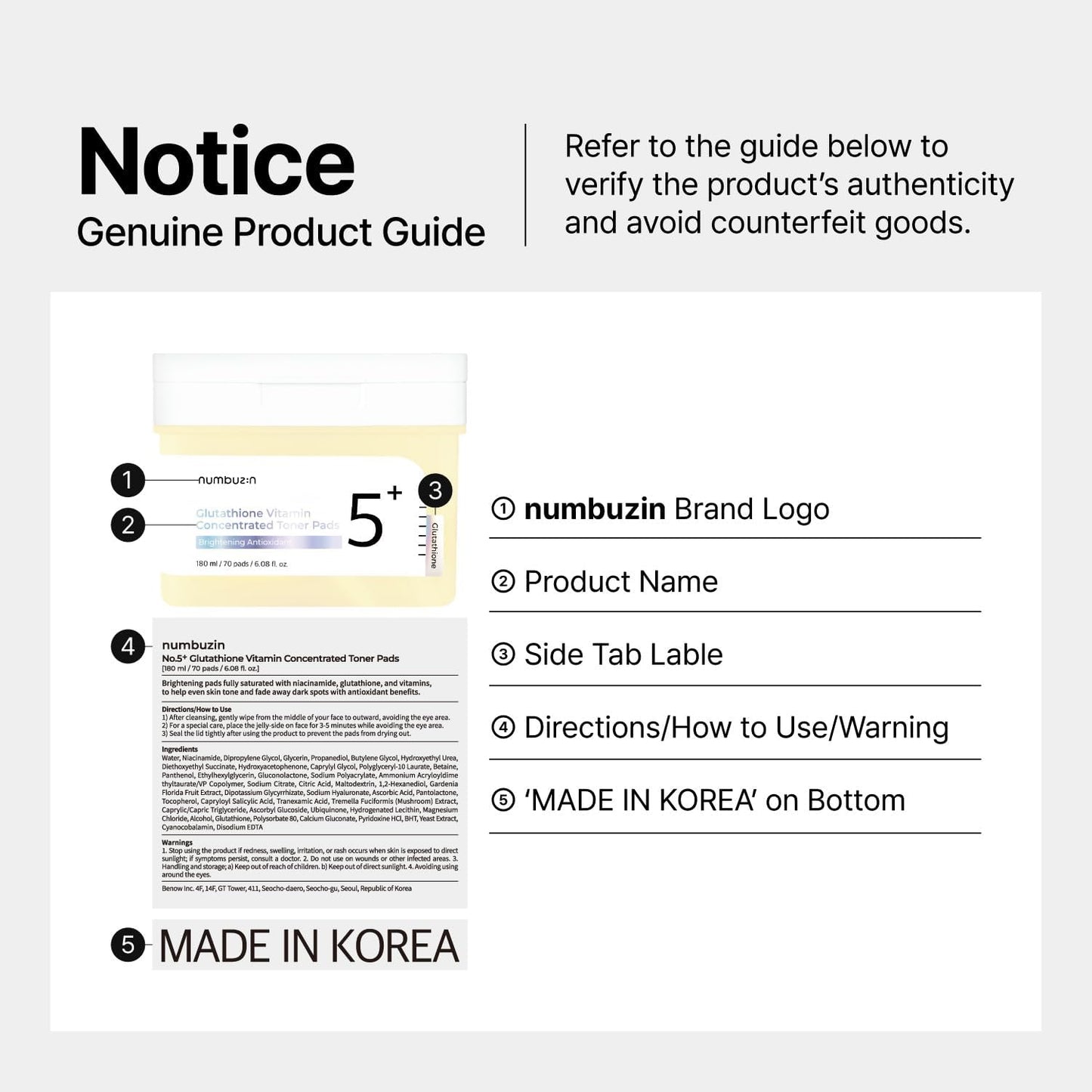 numbuzin No.5 Toner Pads | Vitamin-Niacinamide Concentrated Pad | Double-Sided | Glutathione, Niacinamide, PHA & LHA | Exfoliation, Hyperpigmentation Care | 70 Pads/180 ml-FemmiqueWomen