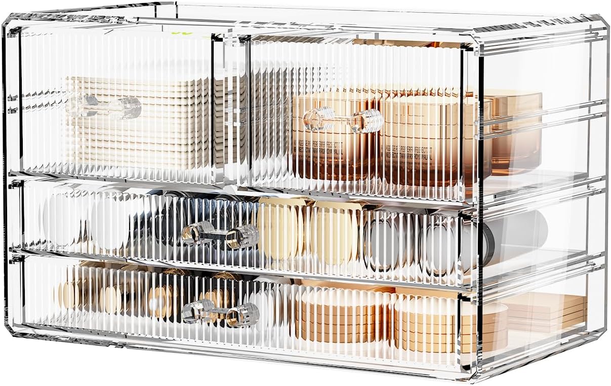 ZHIAI Stackable Storage Drawers, Acrylic Bathroom Counter Organizer Clear Makeup Organizers for Vanity, Kitchen Cabinets, Bathroom, Undersink, Home Organization and Storage (4 Drawers, Pattern D)-FemmiqueWomen
