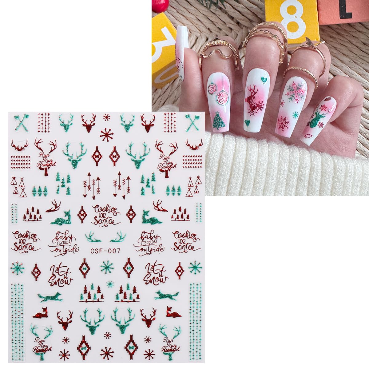 JMEOWIO 9 Sheets Christmas Glitter Nail Art Stickers Decals Self-Adhesive Green Red Snowflake Winter Holiday Nail Supplies Nail Art Design Decoration Accessories-FemmiqueWomen