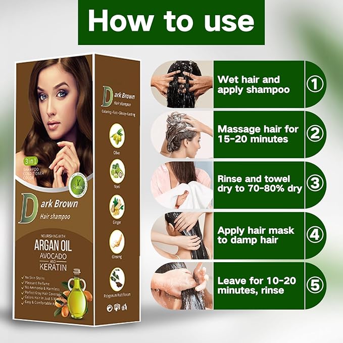 Gray Coverage Color Shampoo - 3-in-1 Color Depositing Shampoo with Herbal Formula, Ammonia-Free Hair Dye for Women & Men, Long-Lasting Root Touch Up (Dark Brown, Lasts 6 Weeks)-FemmiqueWomen
