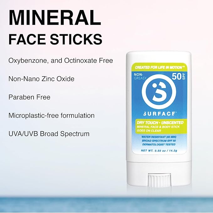 Surface Mineral Face Sunscreen Stick, Dry Touch SPF 50, Broad Spectrum UVA UVB Sun Protection for Kids and Adults, Travel Friendly, Water Resistant for 80 Minutes, Fragrance Free, 0.5oz-FemmiqueWomen