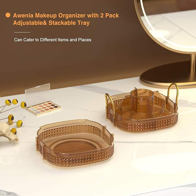 Awenia Rotating Makeup Organizer 360, Stackable Adjustable Large Capacity Cosmetic Storage Unit,Dresser Bathroom Kitchen Countertop Organizer with Metal Handle, Plus Size (Honorable Gold, 2 Tier)-FemmiqueWomen