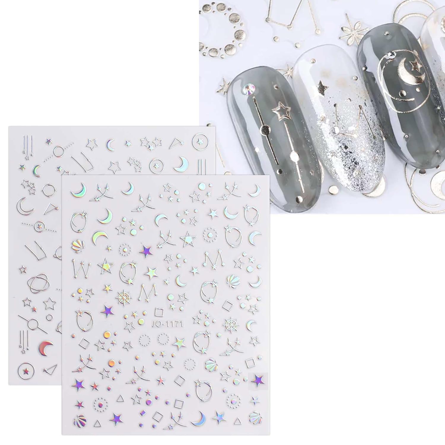 JMEOWIO 12 Sheets Aurora Nail Art Stickers Decals Self-Adhesive Pegatinas Uñas Glitter Holographic Star Heart Nail Supplies Nail Art Design Decoration Accessories-FemmiqueWomen