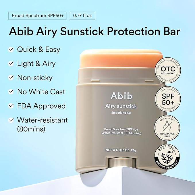 Abib Airy Sunstick Protection Bar DUO Broad Spectrum SPF50+ 1.62 oz / 46 g (Semi-matte) | Korean Suncreen Stick Suncare Sunblock, No Whitecast, Protector Solar Barra, Water resistant-FemmiqueWomen