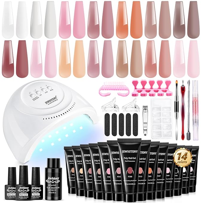 JEWHITENY 14 Colors Poly Extension Gel Nail Kit With U V Lamp Nude Pink White Brown All In One Poly Gel Starter Kit With Base Top Coat Manicure Salon Frence Nail Art DIY-FemmiqueWomen